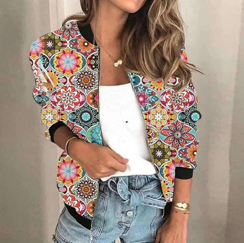 Autumn new European and American independent station women's casual printing zipper short jacket m301635