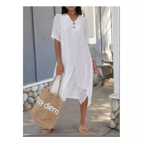 Woven cotton and linen double-layer split V-neck literary dress m301247