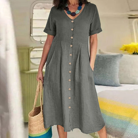 New solid color loose high waist cotton and linen dress m301192