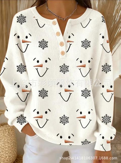 New Christmas sweater casual print cute button-up women's top FF303407