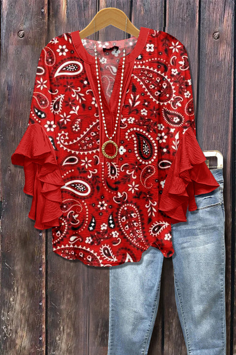 Digital printing casual trend V-neck lotus edge T-shirt women's m302725-1