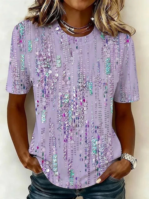 Imitation cotton commuter flower print crew neck short sleeve m303070