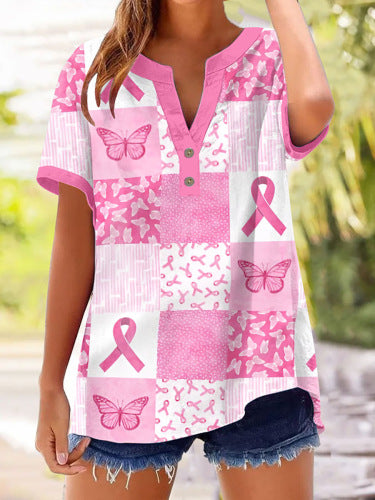 Bedrucktes V-Ausschnitt Kurzarm-T-Shirt m303021