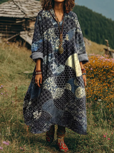 Bohemian ethnic style retro new printing fashion literary loose V-neck FF303433 01