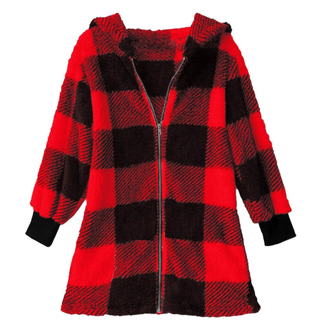 Long Sleeve Plaid Hooded Zipper Pocket Loose Jacket m302168