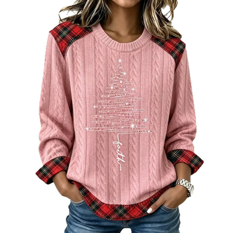 Christmas tree plaid print crew neck long-sleeved casual pullover sweater FF303471