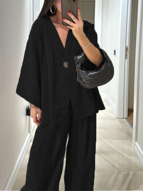 Fashion casual suit V-neck one-button loose long-sleeved top high-waisted trousers two-piece set m301966