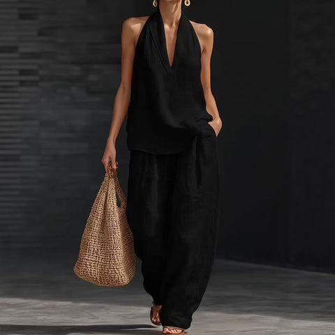 Sleeveless loose shoulder suit women's summer casual wide-leg pants two-piece set m302658