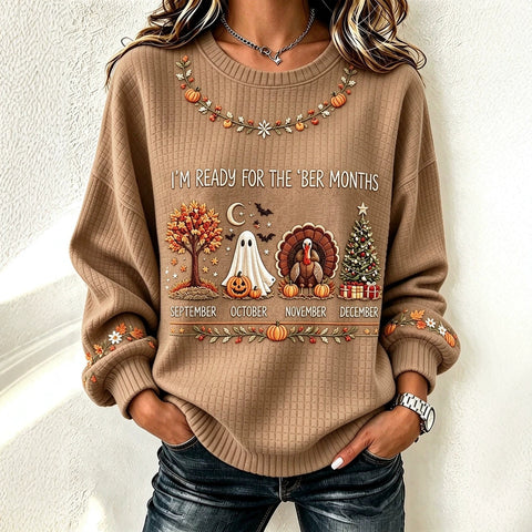 Halloween Waffle Print Crew Neck Long Sleeve Casual Pullover Sweater FF303495