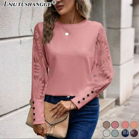 Long Sleeve Embroidered Lace Splicing Waffle Crew Neck Top m302245