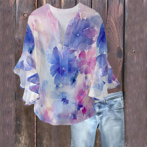 Creative floral element printing digital printing casual trend V-neck lotus edge T-shirt women's m301769