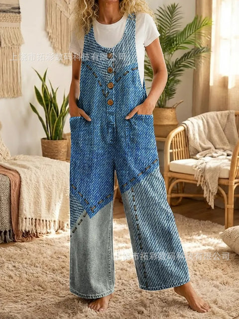 Retro trend wide-leg pants overalls women's sleeveless imitation denim m302436