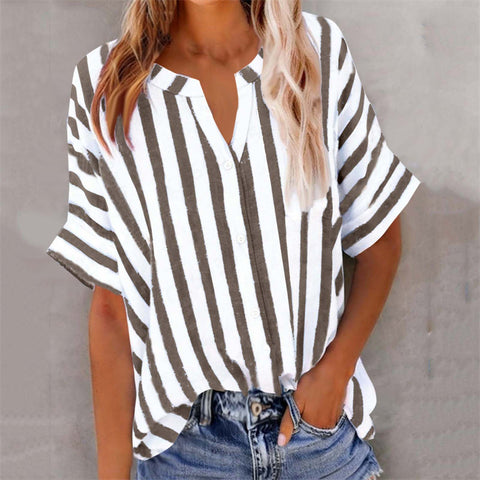 Women's top shirt loose casual V-neck button striped contrasting short sleeve m302416