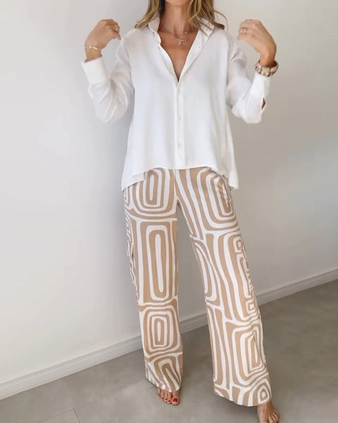 Casual suit women's high-end digital printing commuter shirt loose trousers two-piece set m301306