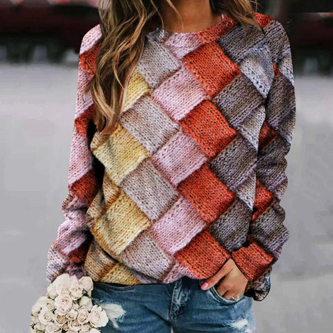 Printed Splicing Crew Neck Shoulder Sleeve Women's Sweater m302176