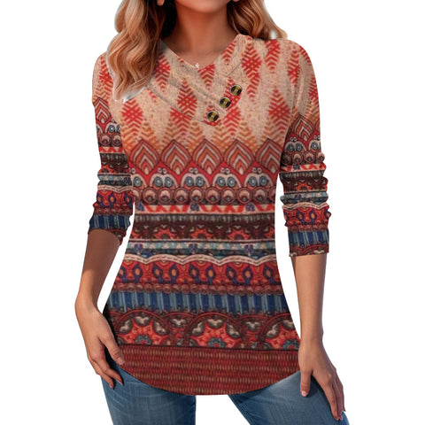 Spring and Autumn New Women's 3D Printed V-Neck Casual Long Sleeve Button T-Shirt Top m301747