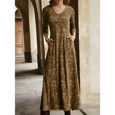 Cotton printed V-neck pocket long sleeve dress m300706