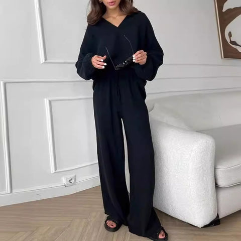 Elegant women's casual loose suit women's long-sleeved top + drawstring trousers suit autumn lapel two-piece set m301184