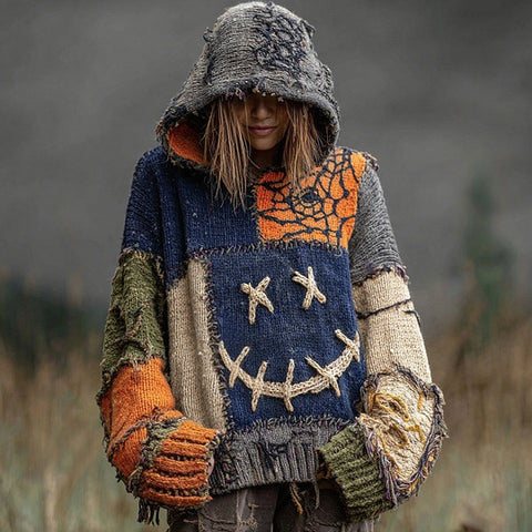 Autumn and winter loose hooded top casual shoulder retro women's printed sweater m302036