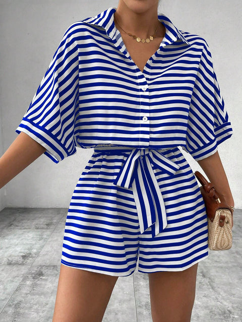 Striped lapel cardigan button medium sleeve belt shorts set onesie women's m301031