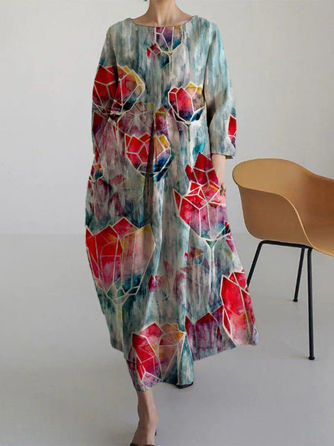 Loose Crew Neck Fashion Premium Long Sleeve Printed Dress m301044