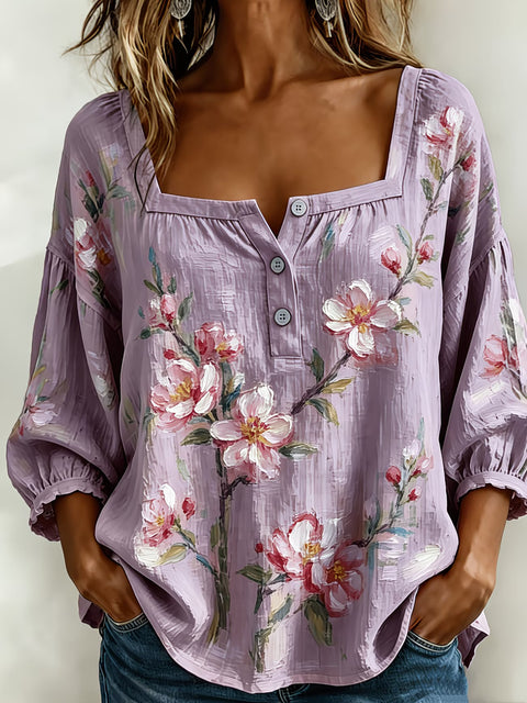 Women's square collar button-down shoulder seven-quarter sleeve medium sleeve T-shirt trend m302838