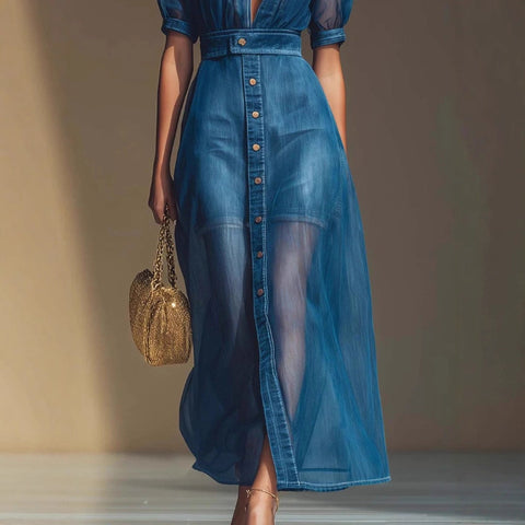 V-neck short-sleeved jacket organza blue imitation denim dress m303247