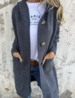 Women's autumn and winter sweater cardigan fashion long with pocket buttons hooded knitted jacket m303242
