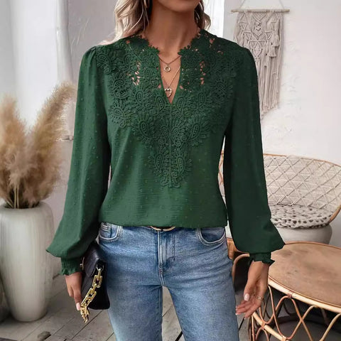 V-neck lace stitching long-sleeved casual shirt blouse m301373