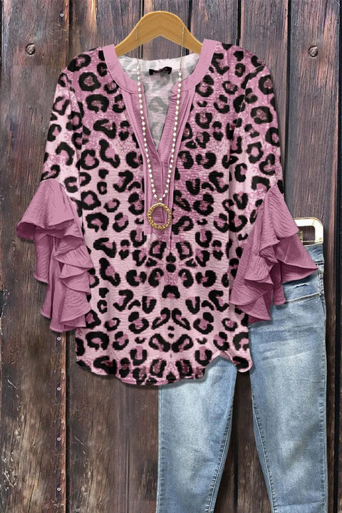 Digital printing casual trend V-neck lotus edge T-shirt women's m302725-1