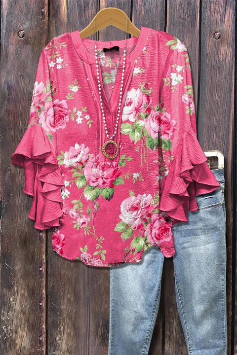 Digital printing casual trend V-neck lotus edge T-shirt women's m302725-1