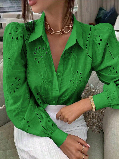 New single-breasted solid color embroidery loophole long-sleeved lapel shirt women's upper m301024