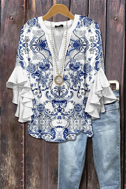 Digital printing casual trend V-neck lotus edge T-shirt women's m302725-1