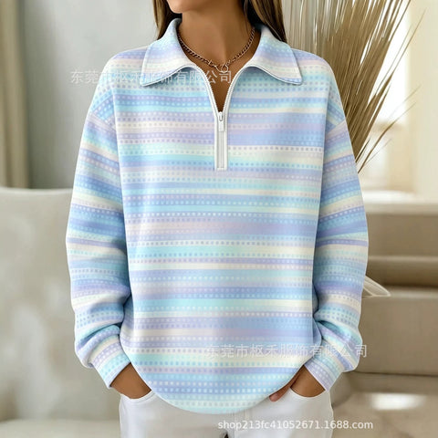 Lapel Striped Pen Print Women's Half Zip Sweater FF303305