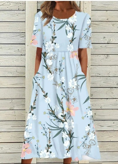 Up and down splicing pocket size printing big wide dress m301712