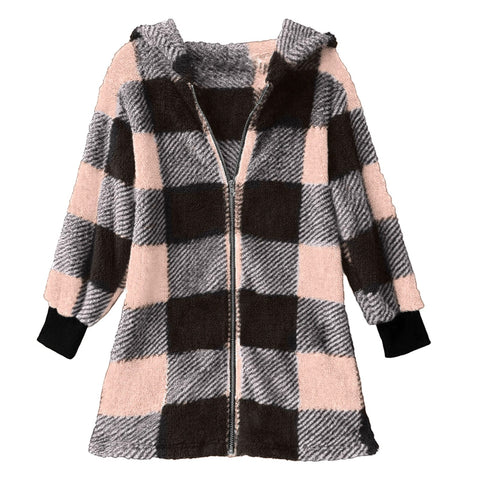 Long Sleeve Plaid Hooded Zipper Pocket Loose Jacket m302168