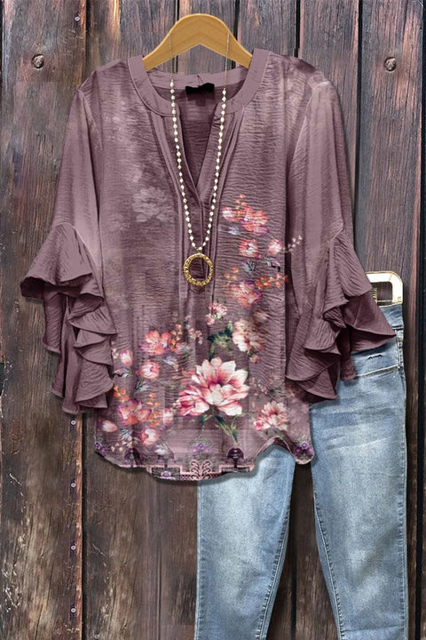 Creative floral element printing digital printing casual trend V-neck lotus edge T-shirt women's m301769