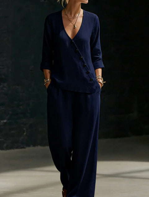 Temperament loose V-neck diagonal button-down shirt wide-leg pants two-piece set m302397