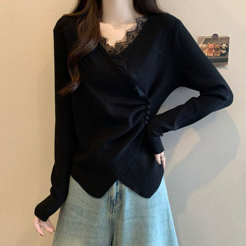 Large size German velvet design lace splicing V-neck long-sleeved T-shirt m302253