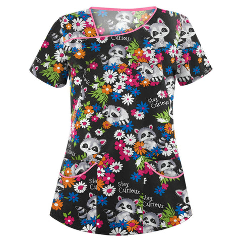 Printed V-neck short-sleeved pocket T-shirt women's top m301596