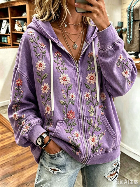 Sequin floral elements 3D digital printing loose casual hooded sweater m303215