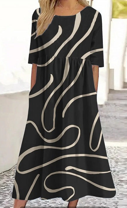 Up and down splicing pocket size printing big wide dress m301712