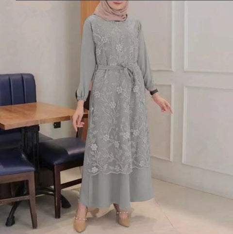Muslim Crew Neck Lace Long Sleeve Waist Loose Long Dress Women's m301325