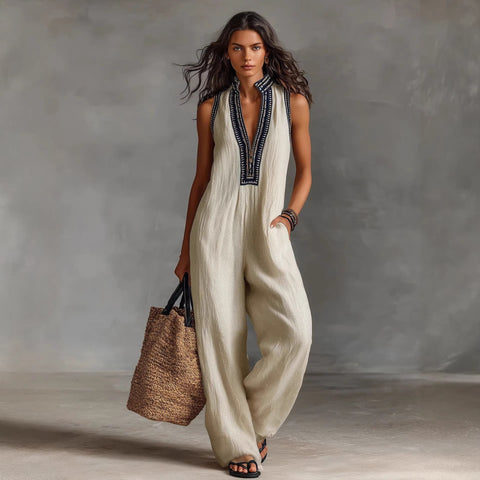 women's simple linen-blend sleeveless jumpsuit  m303249