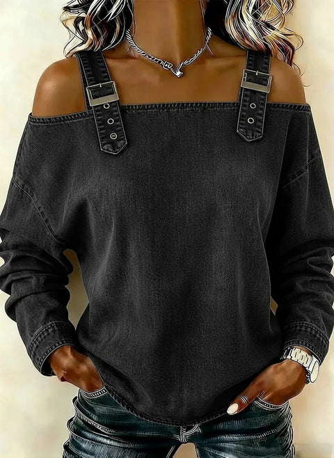 One-word tie shoulder strap long-sleeved top m303209