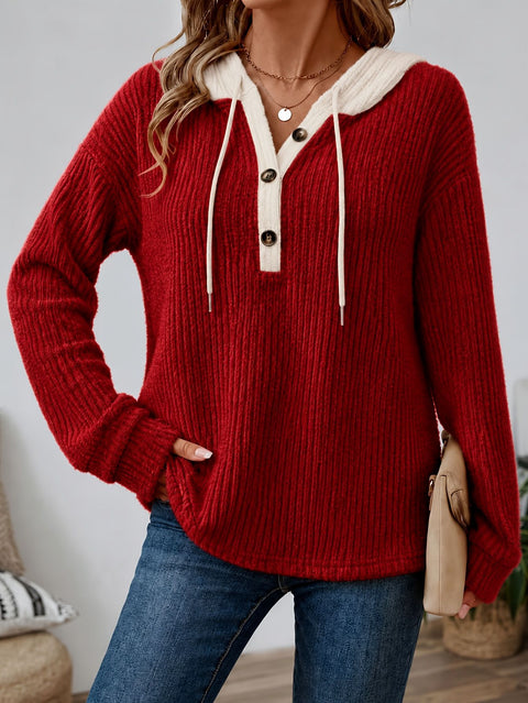 Loose v-neck button-down drawstring hooded casual women's top FF303504