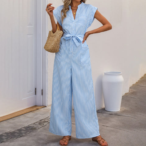 V-neck jumpsuit striped lace-up jumpsuit m300837