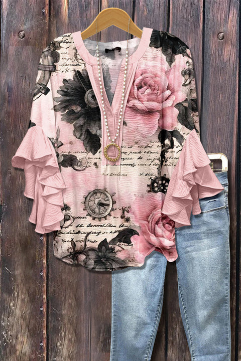 Creative floral element printing digital printing casual trend V-neck lotus edge T-shirt m301358