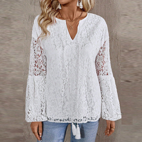 New elegant women's V-neck lace splicing long-sleeved T-shirt top women's m301950