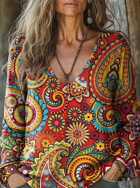 casual V-neck long-sleeved pullover loose digital printing women's top T-shirt m301736